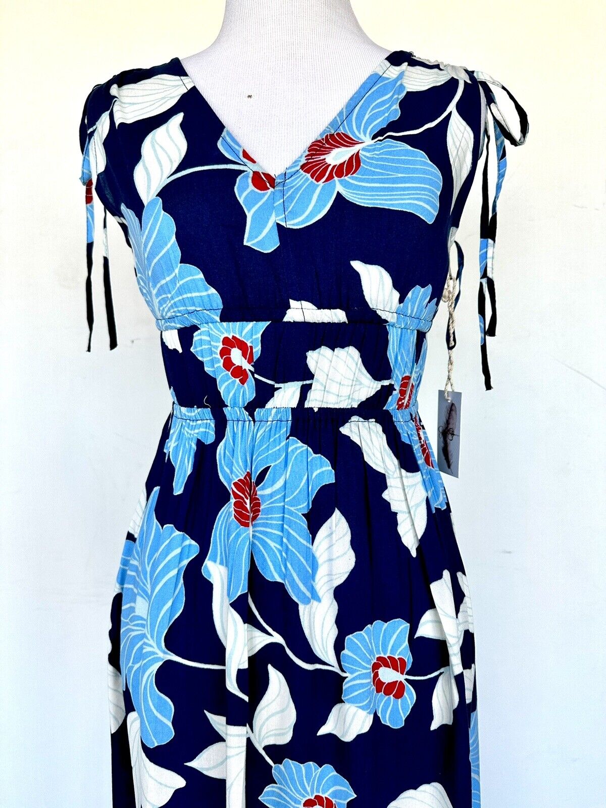 Jessica Simpson Blue Floral Midi Dress Sleeveless Ruched Shoulder Price $55 XS