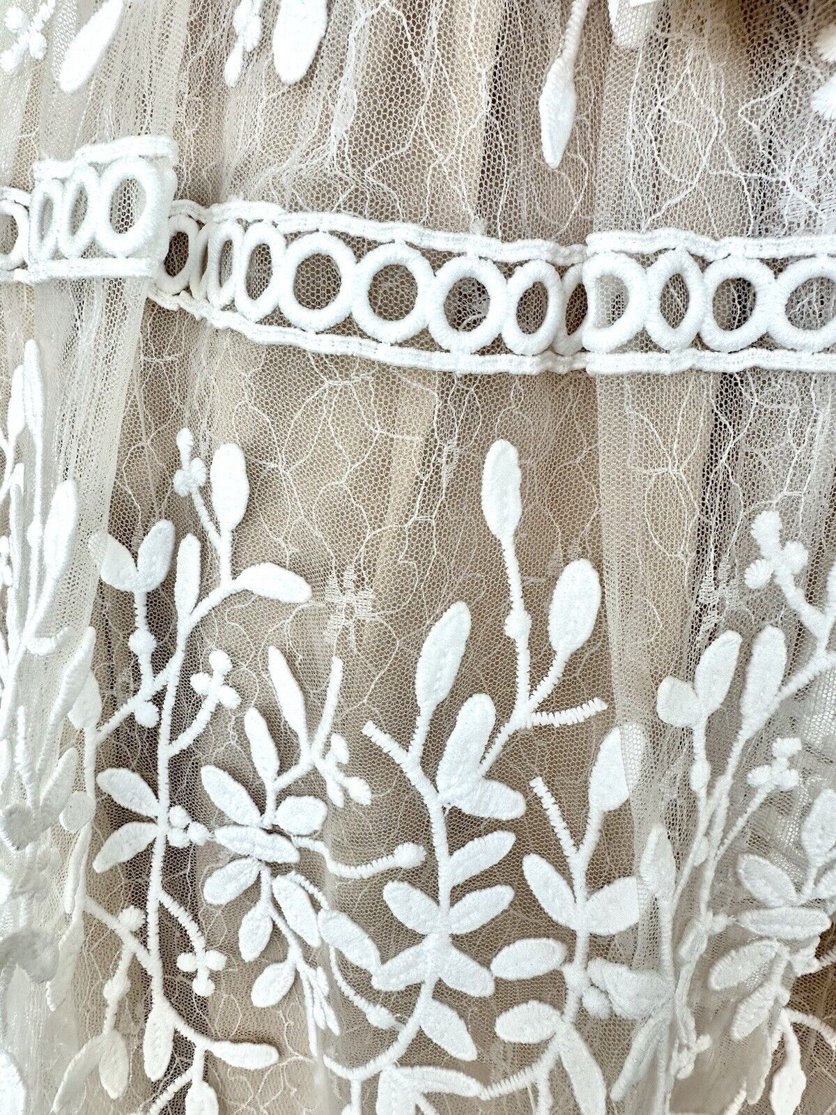 Ivy City White & Nude Embroidered Sicily Dress Three Layered. XS Flutter Sleeve