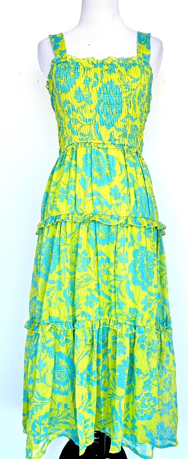 Umgee Lime& Blue Smocked Maxi Dress Sleeveless Price $56 Size S NWT