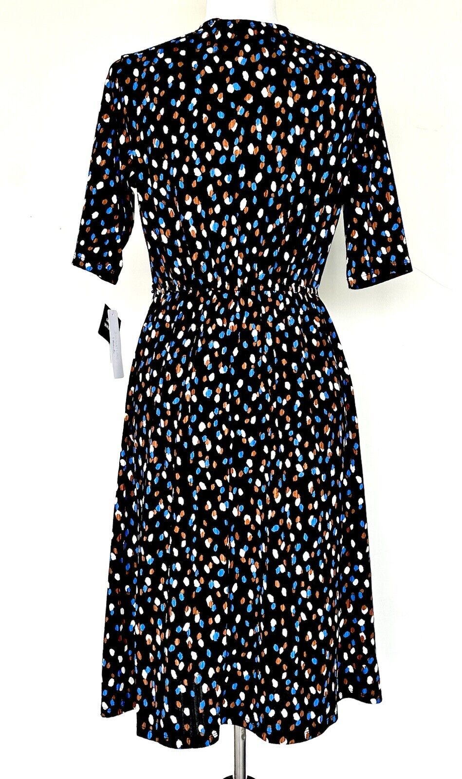 SIGNATURE BY ROBBIE BEE Black Spot Faux Wrap Dress Retail $79 Stretch Size MP