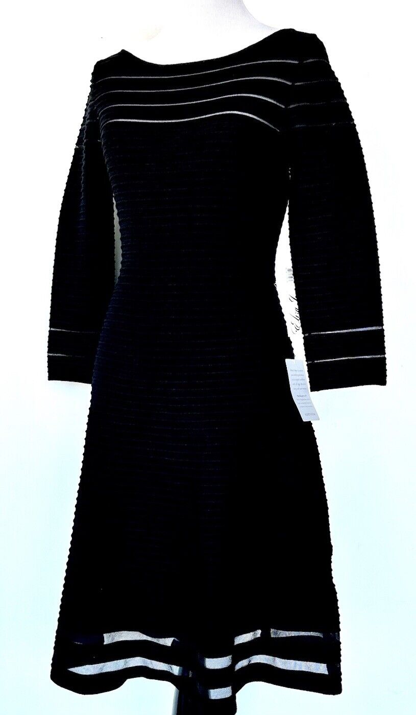 Eliza J Black Band W/ Mesh Fit & Flare Stretch Dress 3/4 Sleeve Size XS  NWT