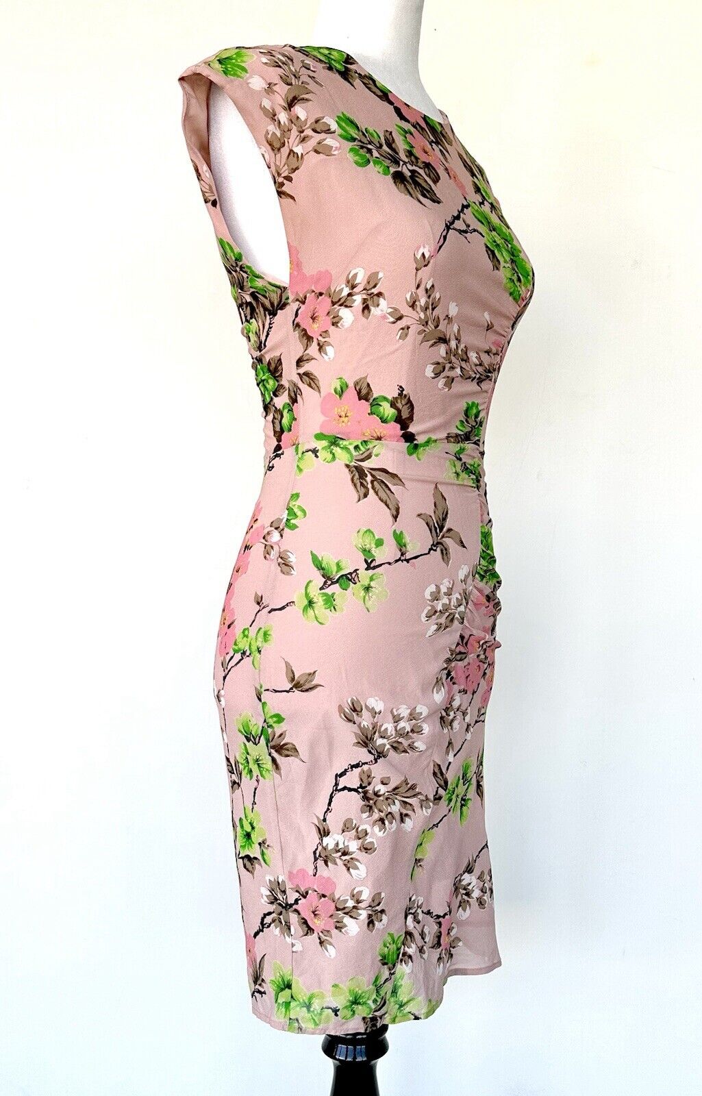 Whistles Floral Chiffon Pink Dress Size 0 Ruched Pleated Hip Design