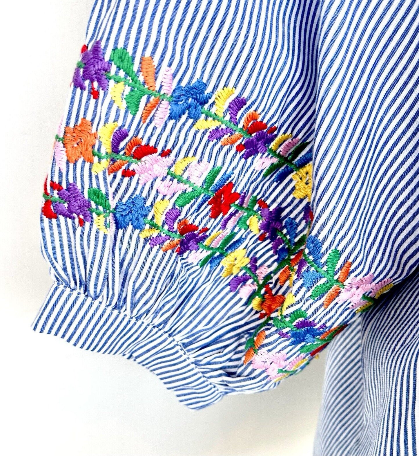 J Marie embroidered Tristan Top XS NWT Striped Blue Puff Sleeve Retails $146