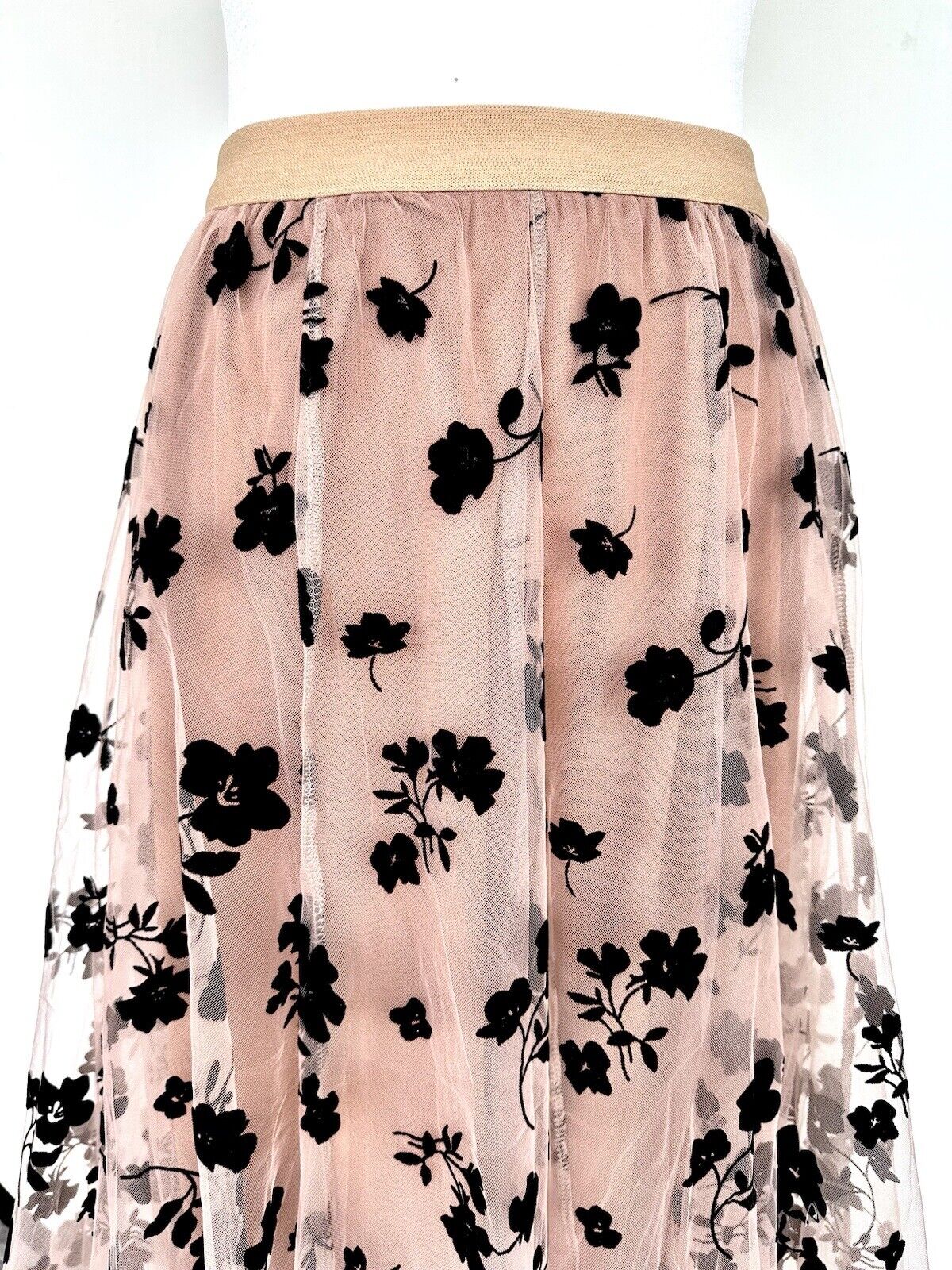 CHICWISH Tan/ Black Posy Double-Layer Mesh Midi Skirt NWT Size XS