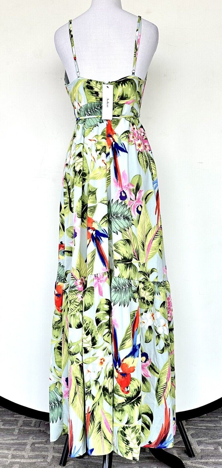 AaKaa Sage Exotic Getaway Tropical Print Maxi Dress Small Price $55