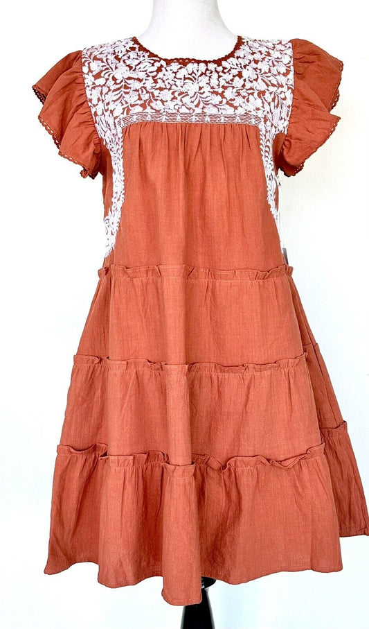 NWT J Marie embroidered Tiered Autumn Dress size S Retail $124 Price $69 Rust