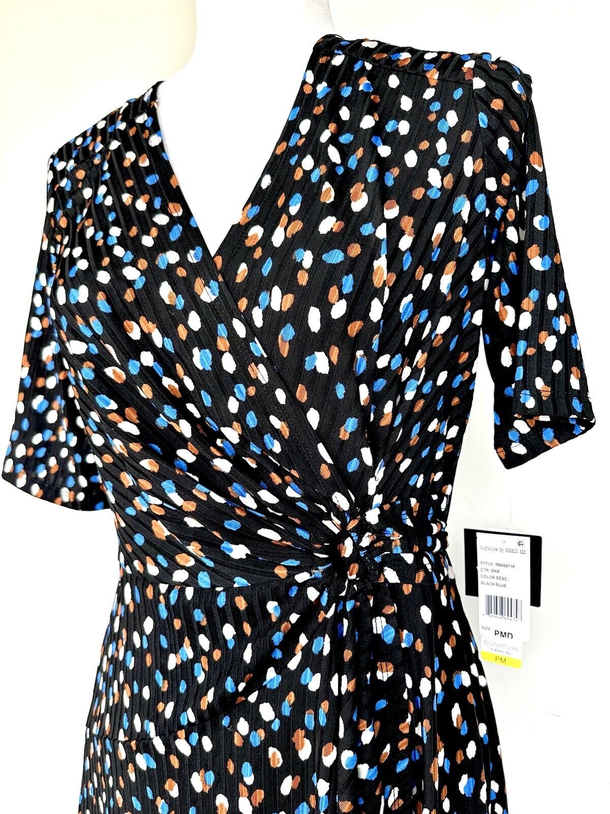 SIGNATURE BY ROBBIE BEE Black Spot Faux Wrap Dress Retail $79 Stretch Size MP