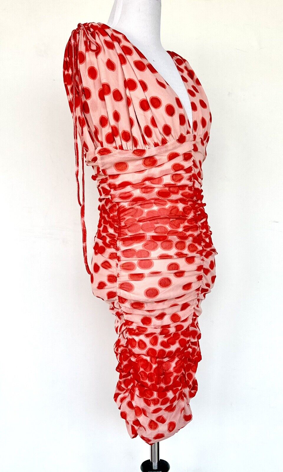 Vertigo Spot Mesh Overlay Dress Size S Ruched Retail $210 NWT Adjustable