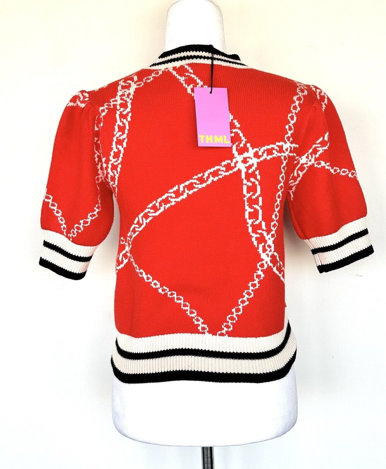 THML Red Chain Link Shirt Sleeve Sweater Contrast Rib Retail $109 XSmall NWT