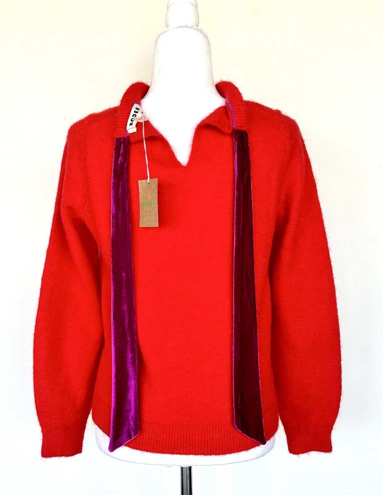 Boden Sweater Red Mohair Wool Mix Velvet Tie Back Crew Neck Size S Retail $158