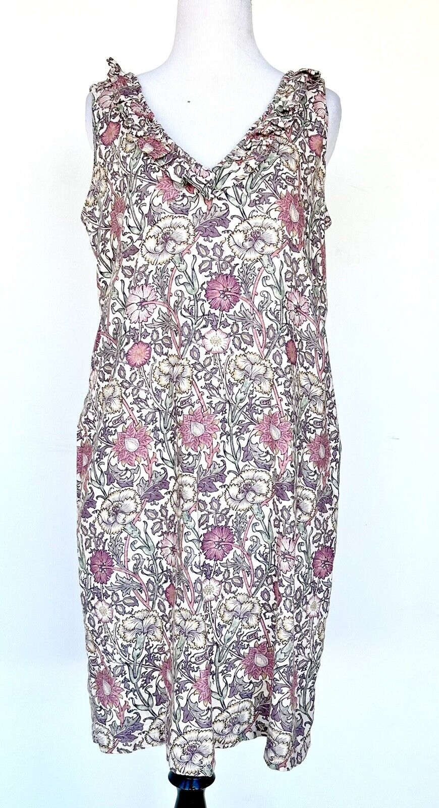 Next William Morris & Co Linen Shift Dress Ruffle Neck Sz 4 US (8UK) Price $59