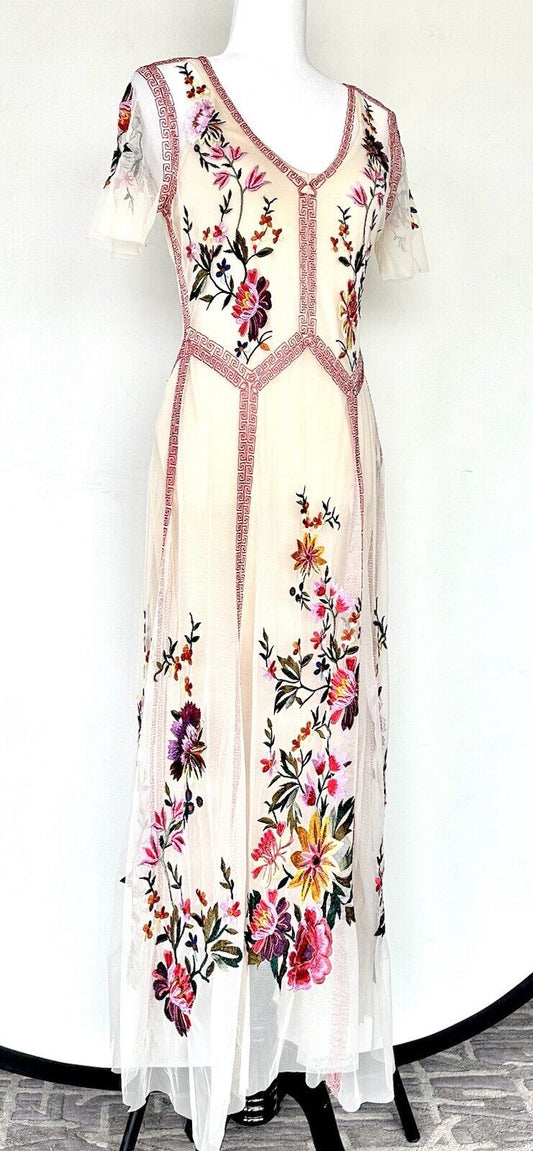 Sundance Garden Soirée Dress Embroidered Mesh Top Layer Retail $268 Champagne XS