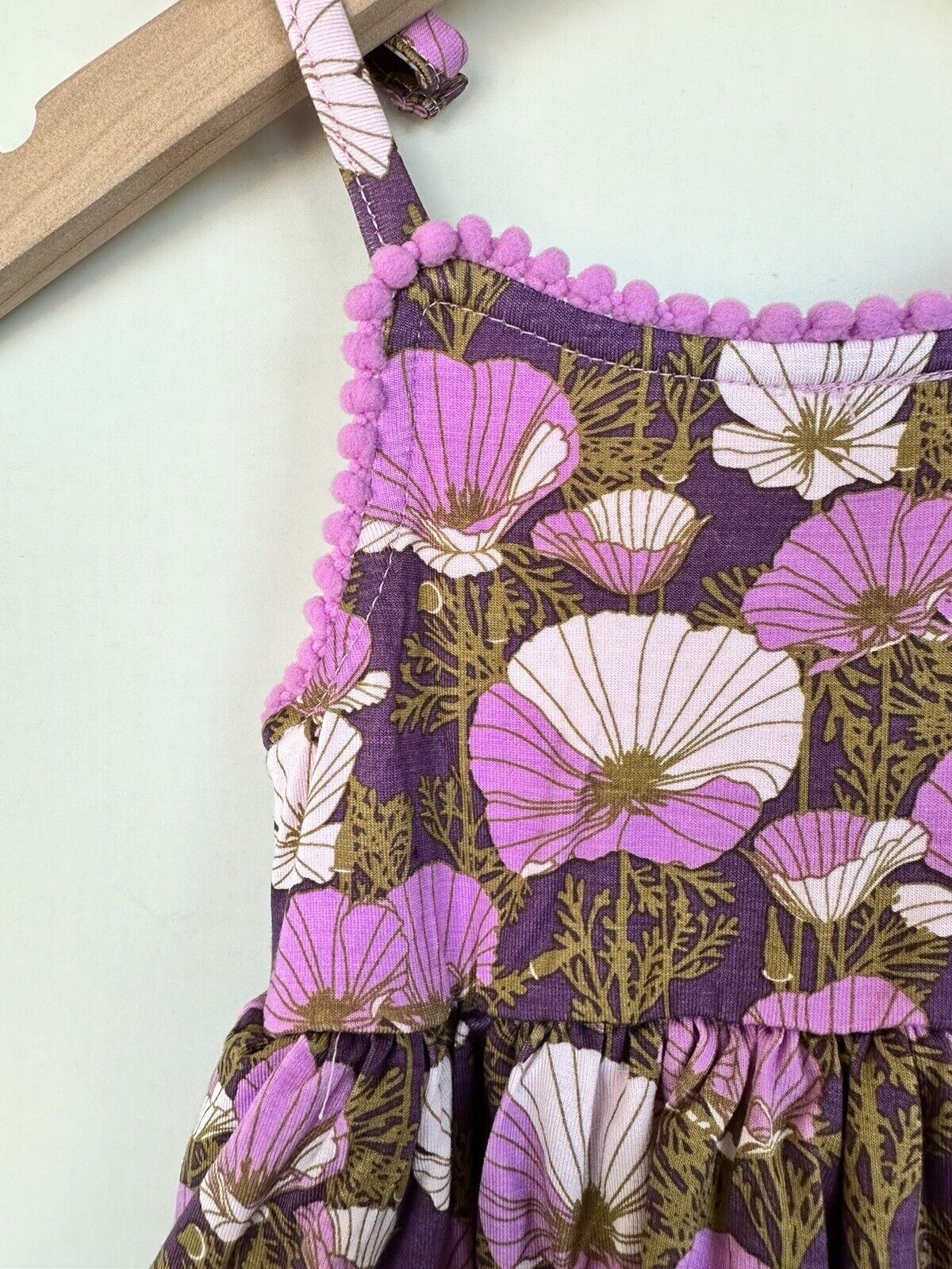 Kate Quinn Ruffle Tier Pom Pom Dress Purple Pansies $33 3-6M NEW Bamboo