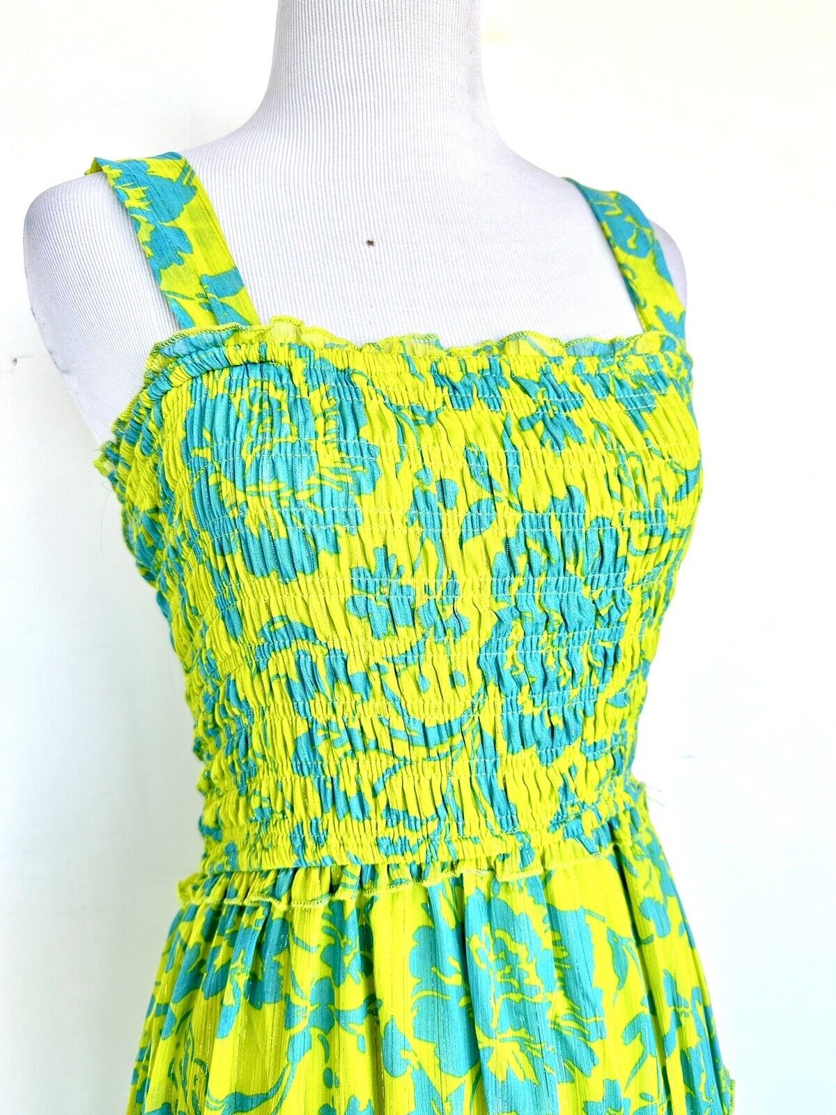 Umgee Lime& Blue Smocked Maxi Dress Sleeveless Price $56 Size S NWT