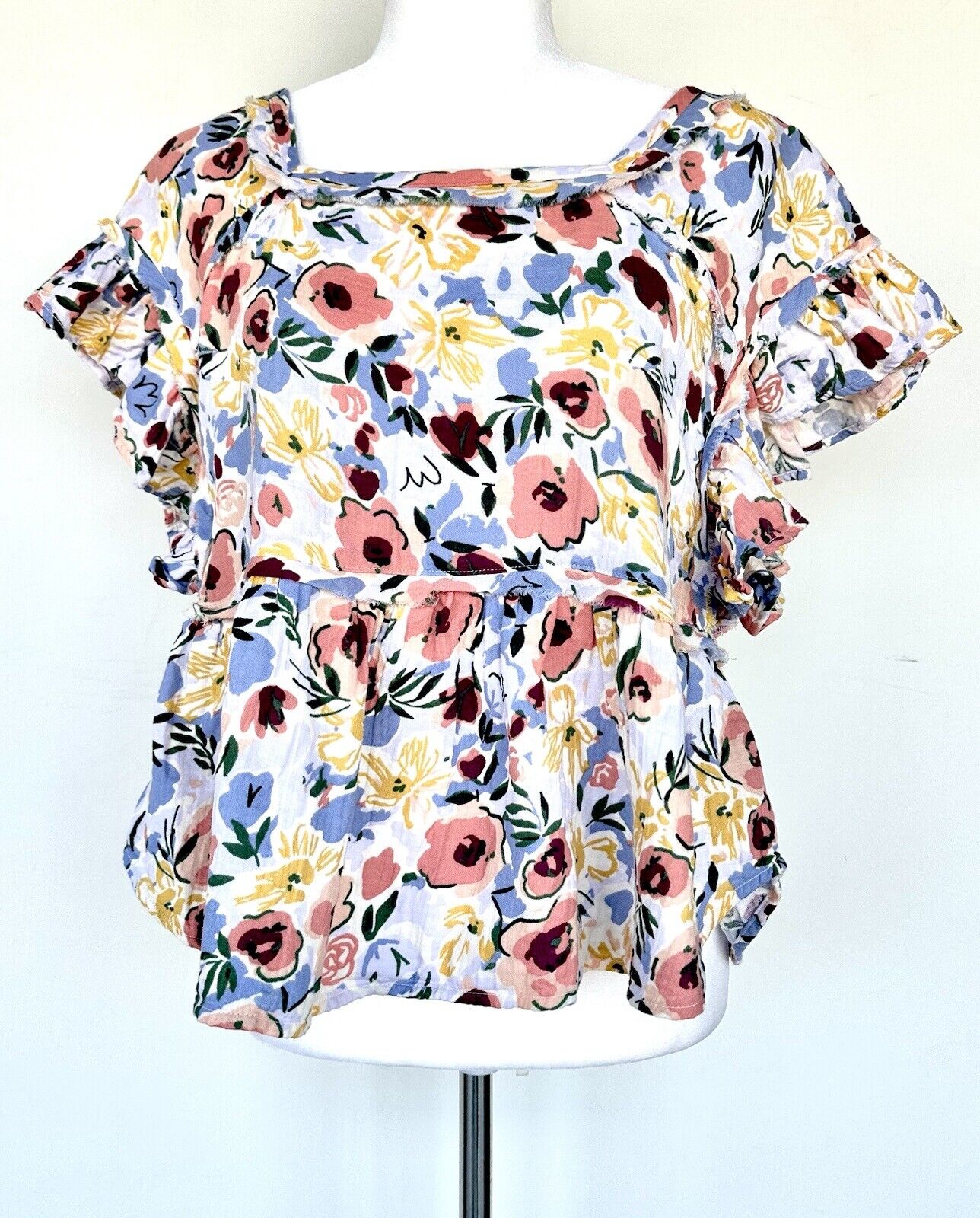 Dip Clothing Floral Ruffle Sleeve Blouse 100% Indian Cotton Size XS