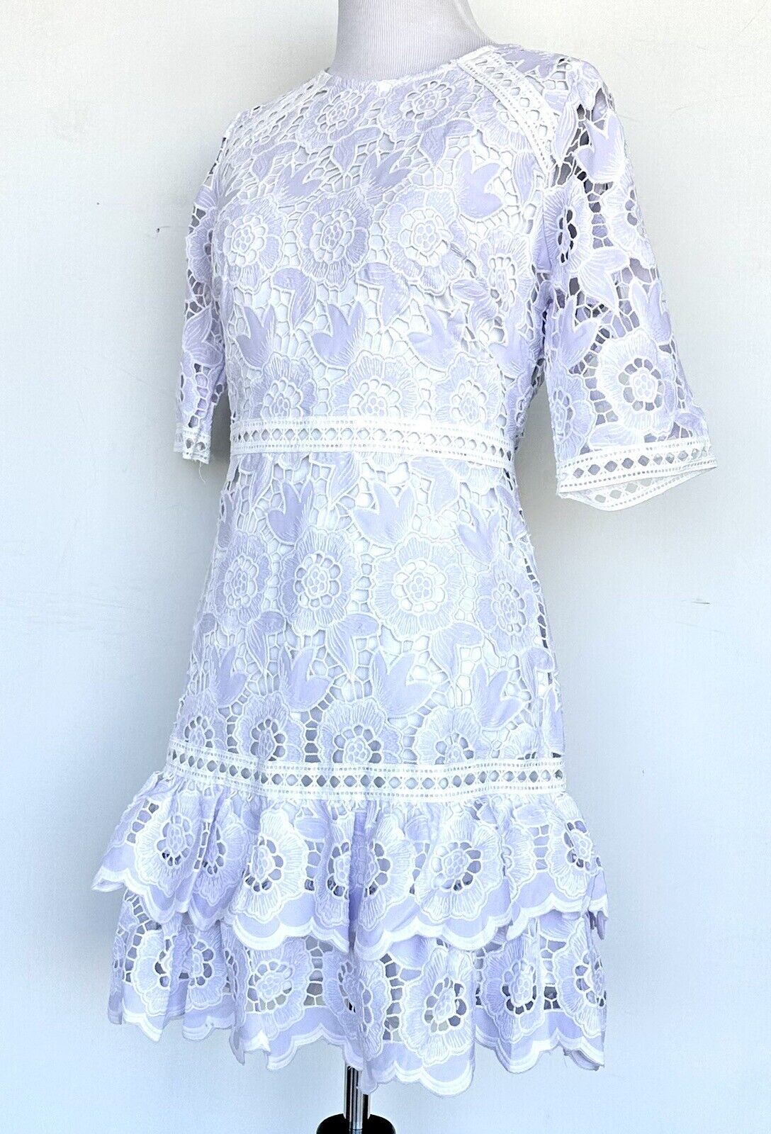 Just Me Pale Lavender White Lace Dress Price $88 Size XS NWT Ruffle Hem