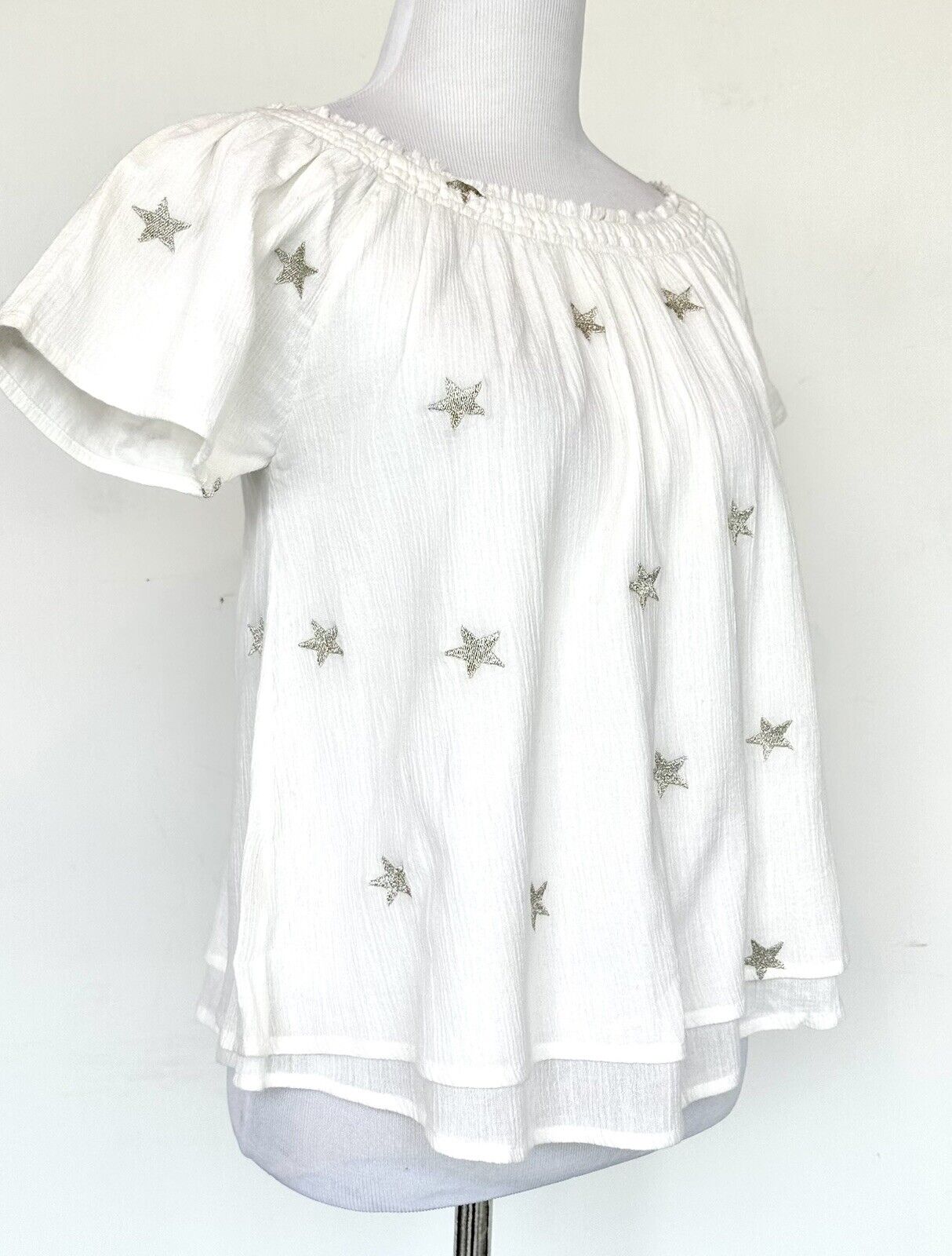 Generation Love White Silver Star Flutter Sleeve Top Retail $139 Price $48 XS