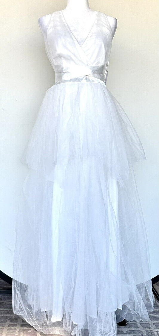 Aura White Tulle Midi Halter Dress With Cross Back Retails $108 Size XSmall NWT