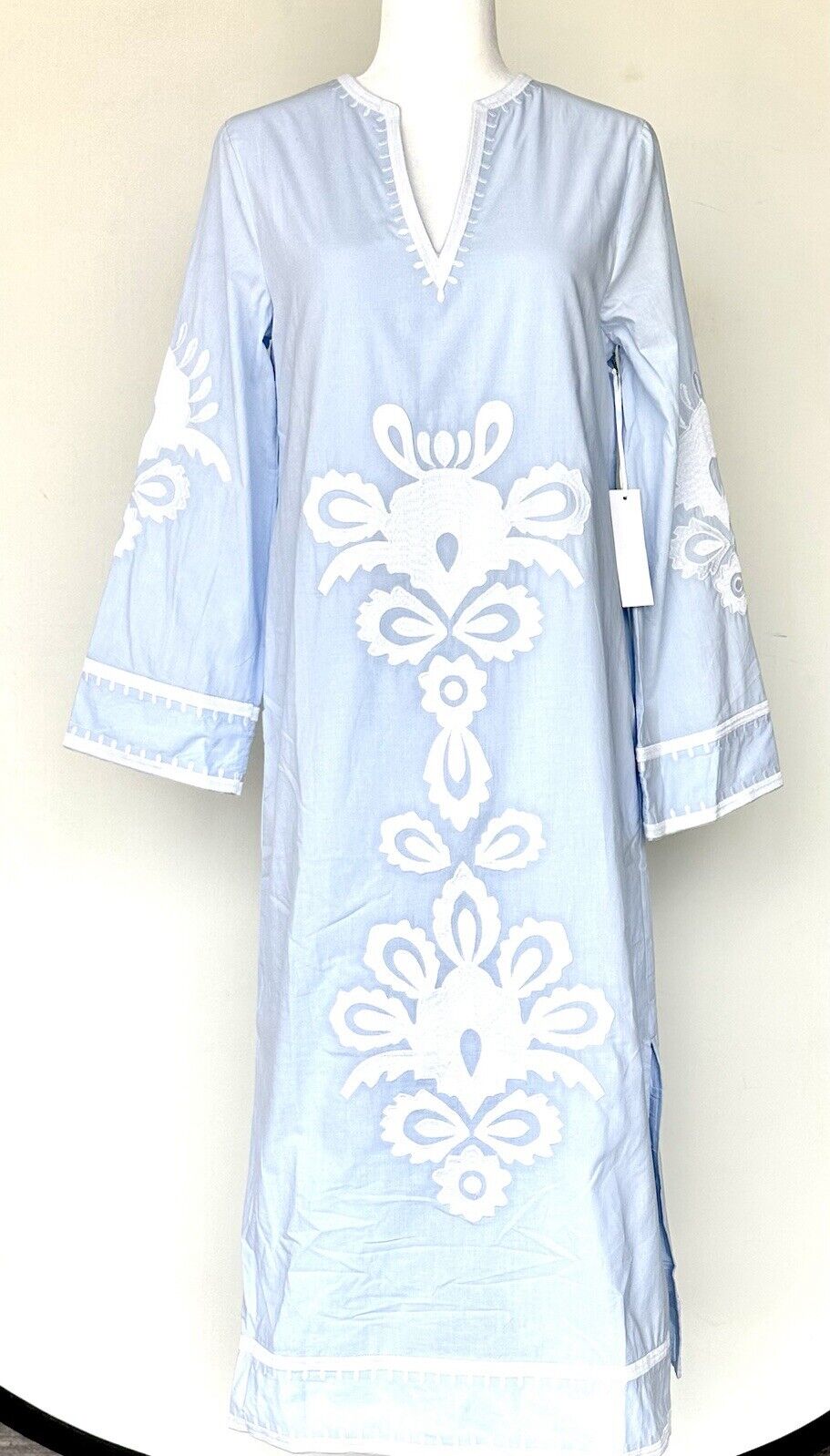J Marie Marika embroidered Blue Cotton Kaftan Dress XS Retail $168 Price $88