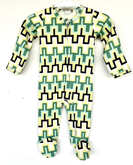 Kate Quinn Apple Taffy Geometric Print LS Zipper Footie 3-6 M  Organic Cotton