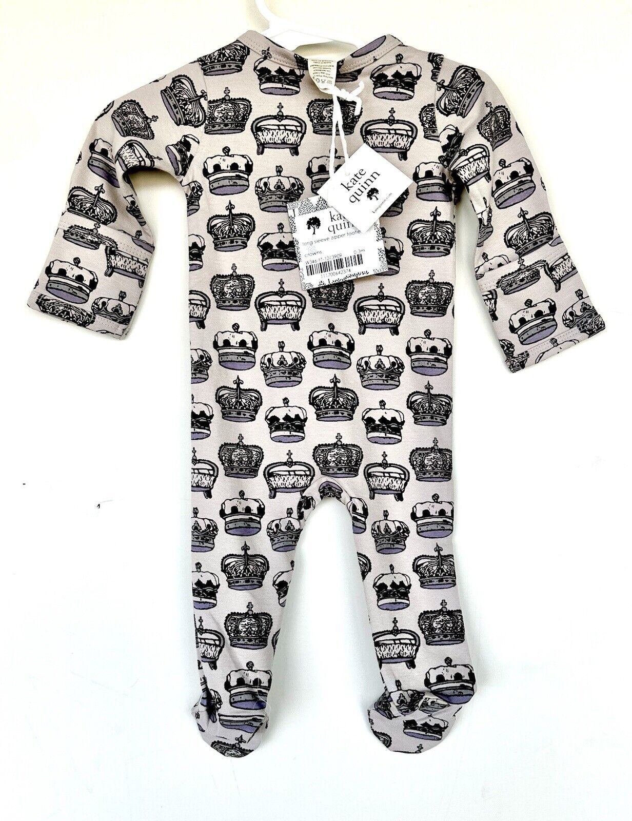 Kate Quinn Royal Crown Print LS Zipper Footie 0-3 M Organic Cotton