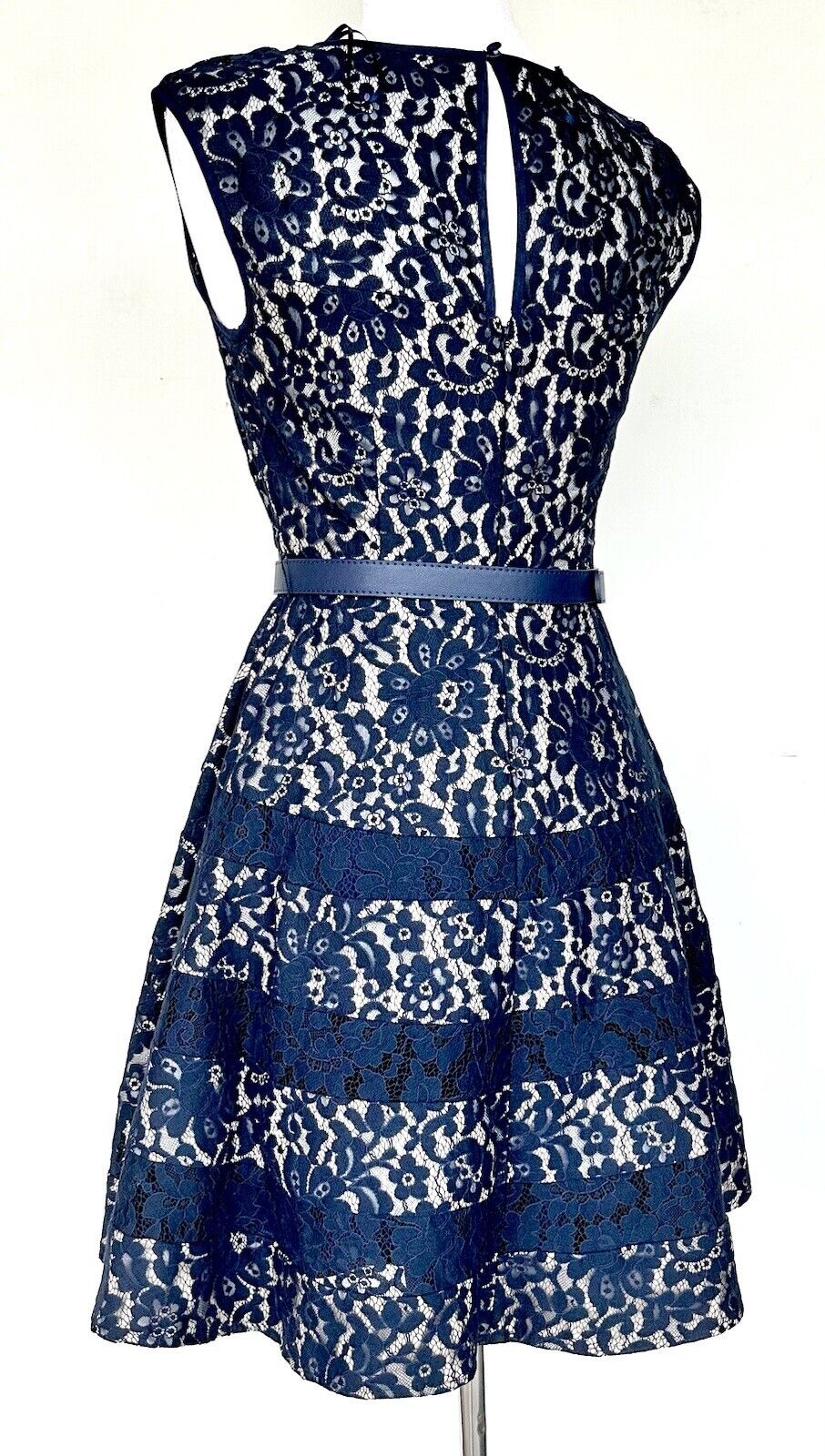 Eliza J Navy Lace Dress Retails $169 XS NWT Cap Sleeve Full Skirt W/ Belt