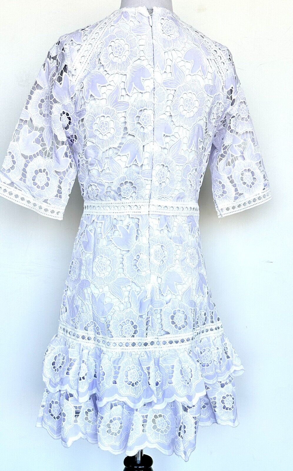 Just Me Pale Lavender White Lace Dress Price $88 Size XS NWT Ruffle Hem