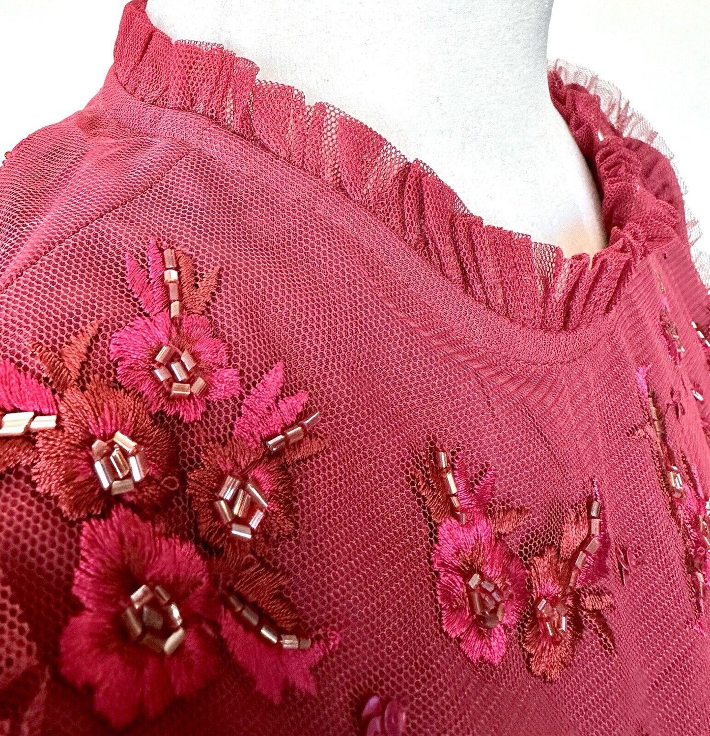 Ivy City Red Beaded Anastasia Tulle Dress Tiered Retail $218  Size XXS