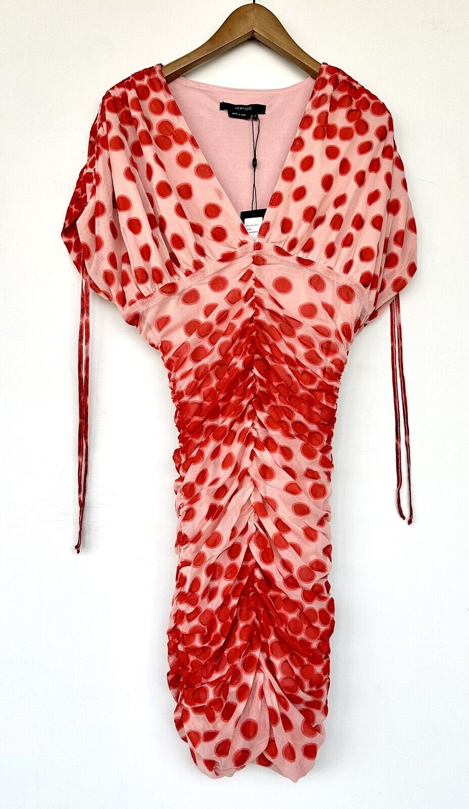 Vertigo Spot Mesh Overlay Dress Size S Ruched Retail $210 NWT Adjustable