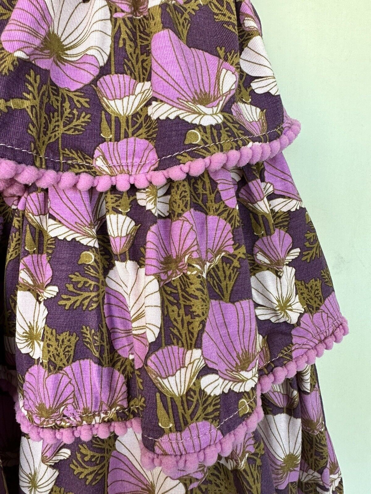 Kate Quinn Ruffle Tier Pom Pom Dress Purple Pansies $33 3-6M NEW Bamboo