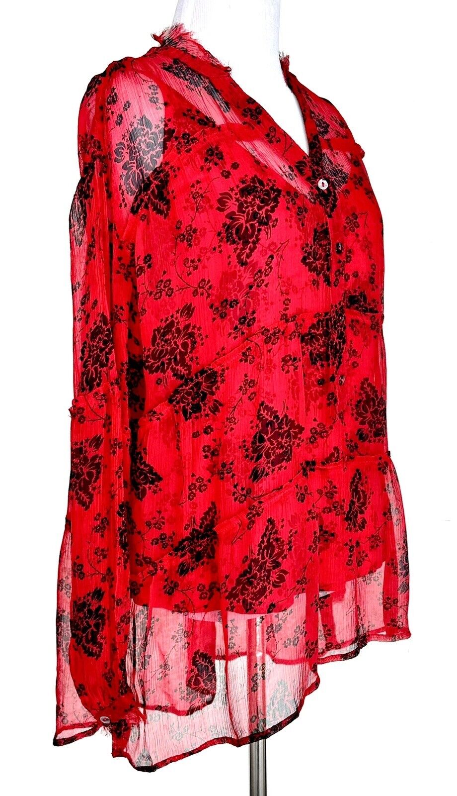 Sundance Elodie Red And Black Blouse LS Retail $138 Size XS Sheer With Cami