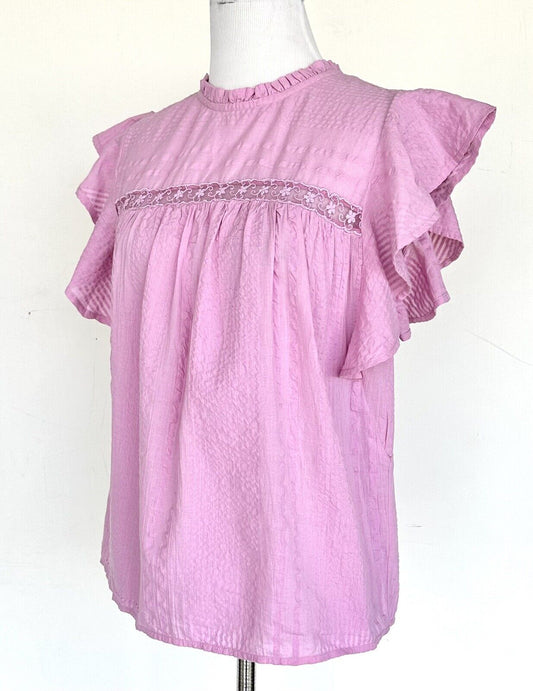 Anthropologie Rahi Pink Flutter Sleeve Lace Insert Top Retail $70 Price $44 XS