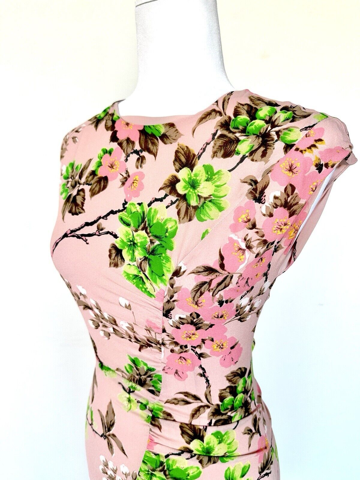 Whistles Floral Chiffon Pink Dress Size 0 Ruched Pleated Hip Design