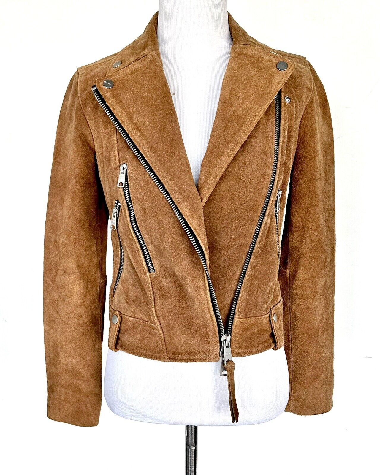 AllSaints Tan Neko Suede Leather Biker Jacket NWT Retail $489 Price $275 Size 0