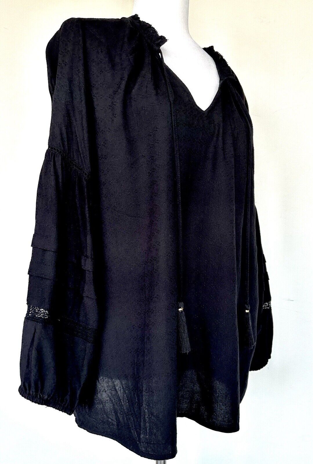 Liverpool Black Long Sleeve Peasant Blouse Size M Tassels Retails $98 NWT