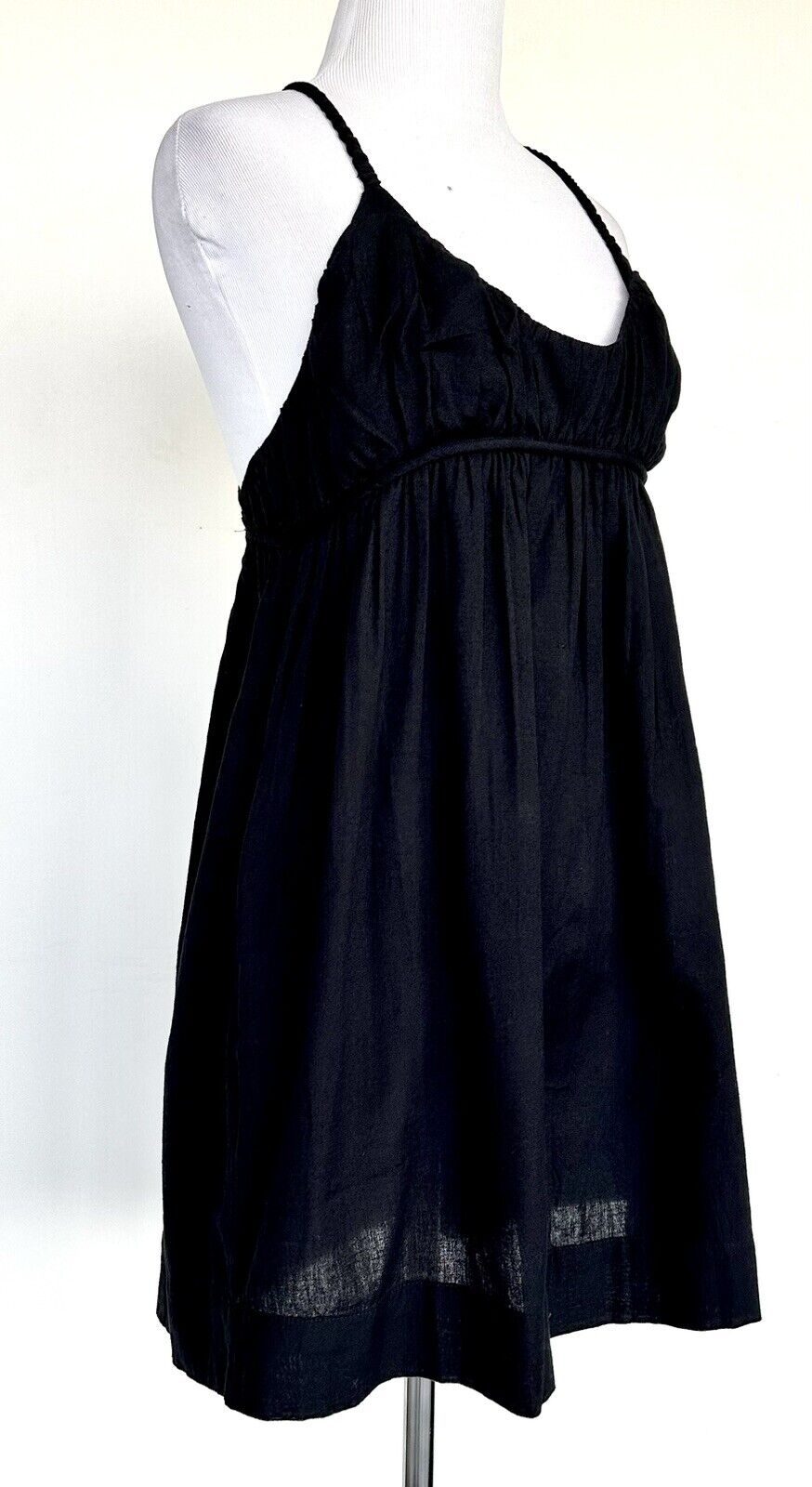 Free People Black Linen Mix Boho Festival Dress  $68 XS Cross Over Back Ruched