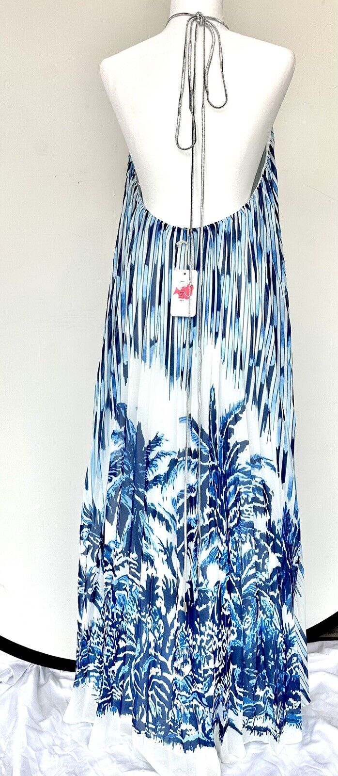L’atiste By Amy Blue White Long Pleated Dress Halter Retail $105 Price $59 L