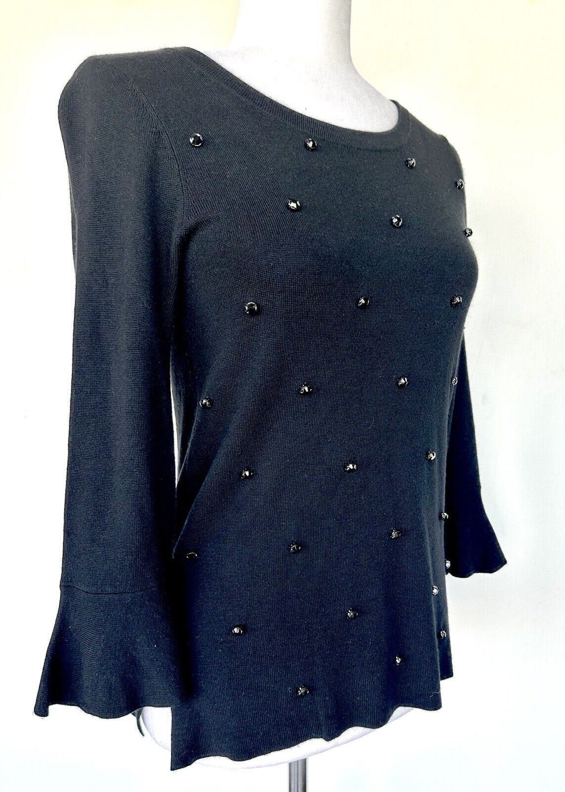 Le Gali Julie Rhinestone 3/4 Sleeve Light Sweater XS Black Retail $75