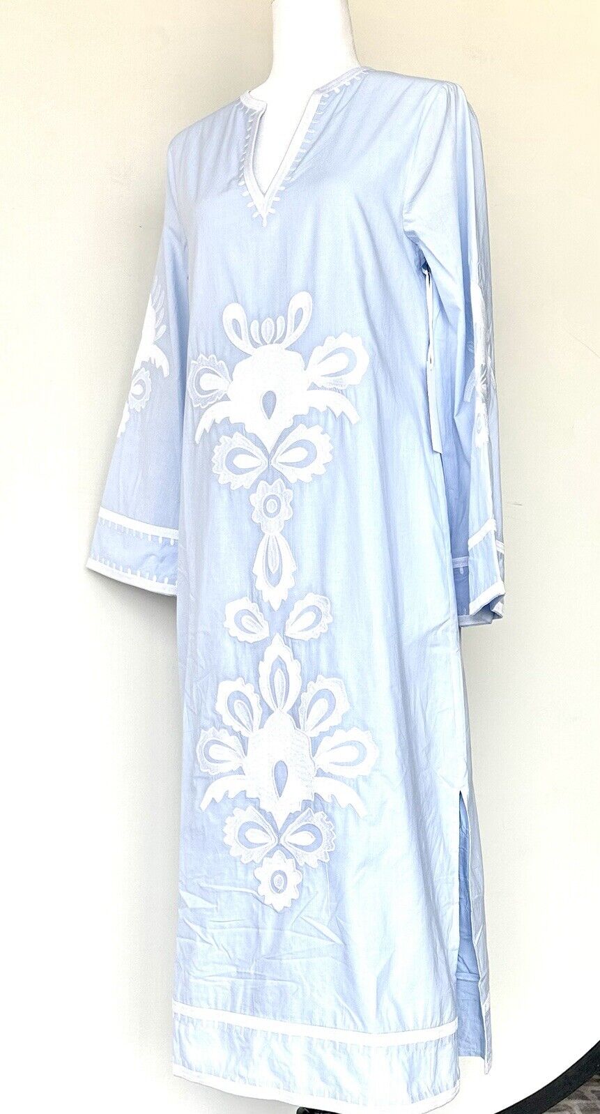 J Marie Marika embroidered Blue Cotton Kaftan Dress XS Retail $168 Price $88