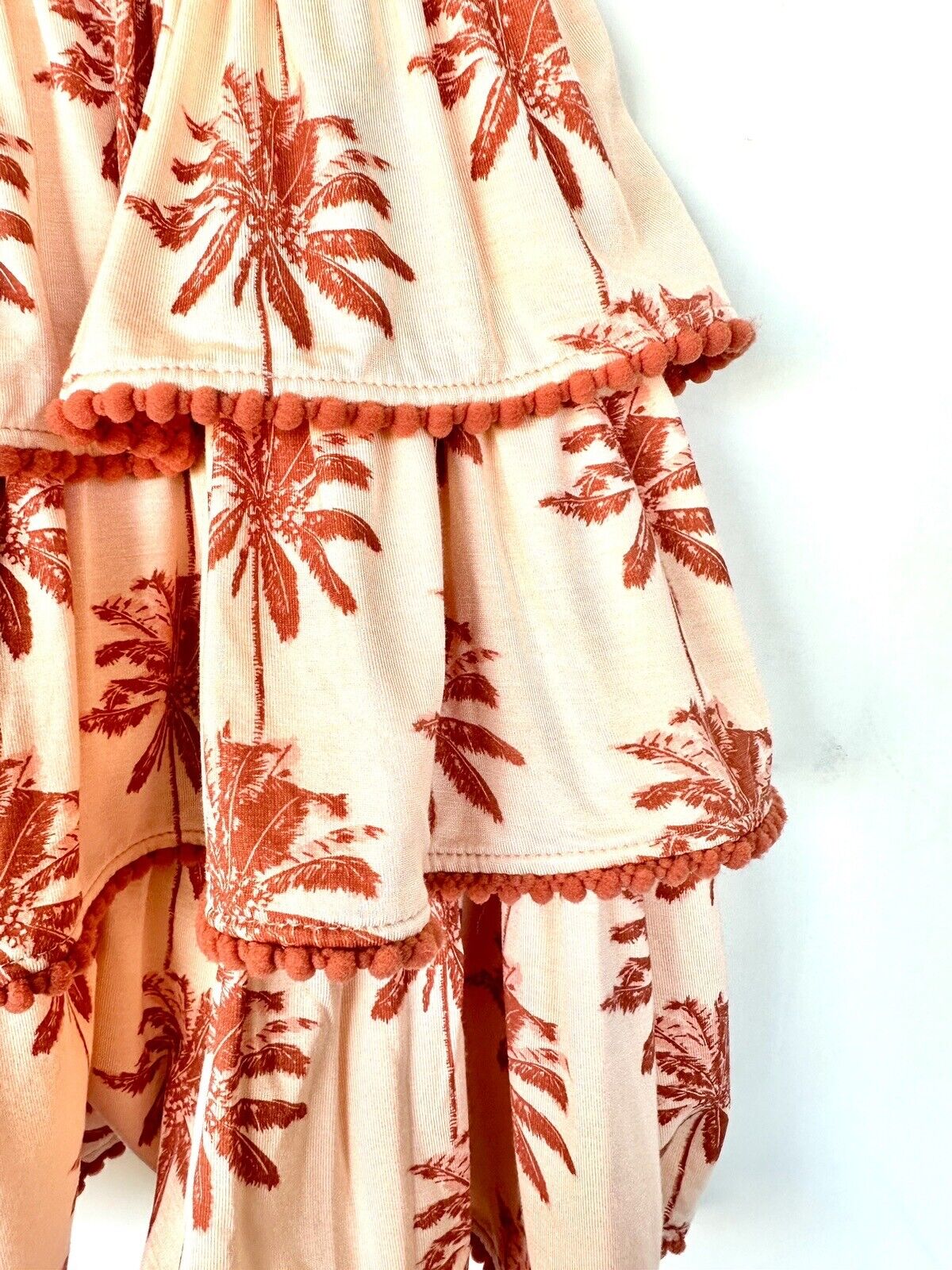 Kate Quinn Ruffle Tier Pom Pom Dress Peach Palm $33 3-6M NEW Bamboo