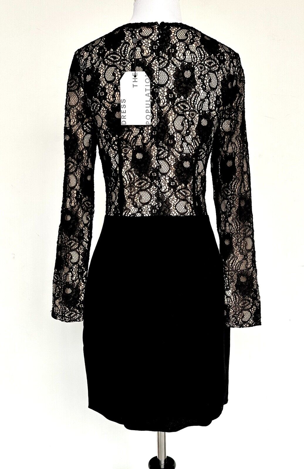 Dress The Population Asymmetrical Neck Lace Top LS Dress Retail $196 Price $96 S