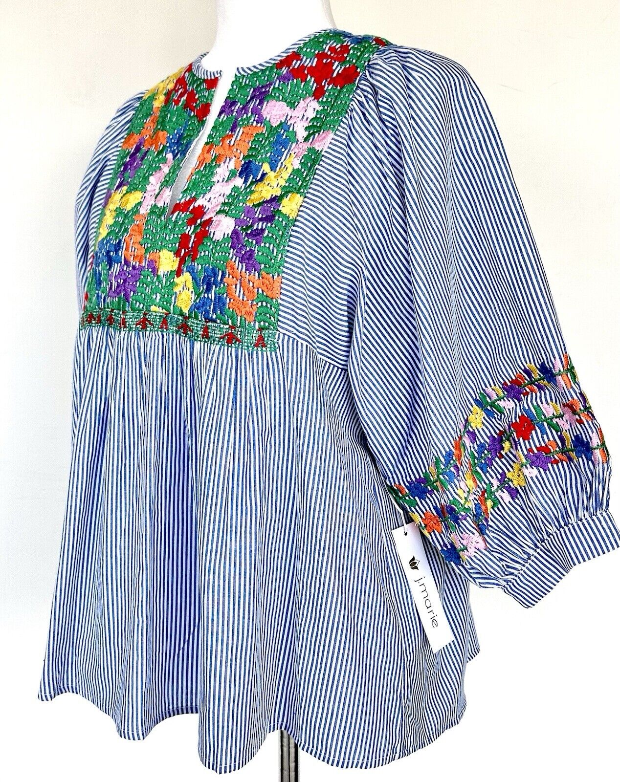 J Marie embroidered Tristan Top XS NWT Striped Blue Puff Sleeve Retails $146