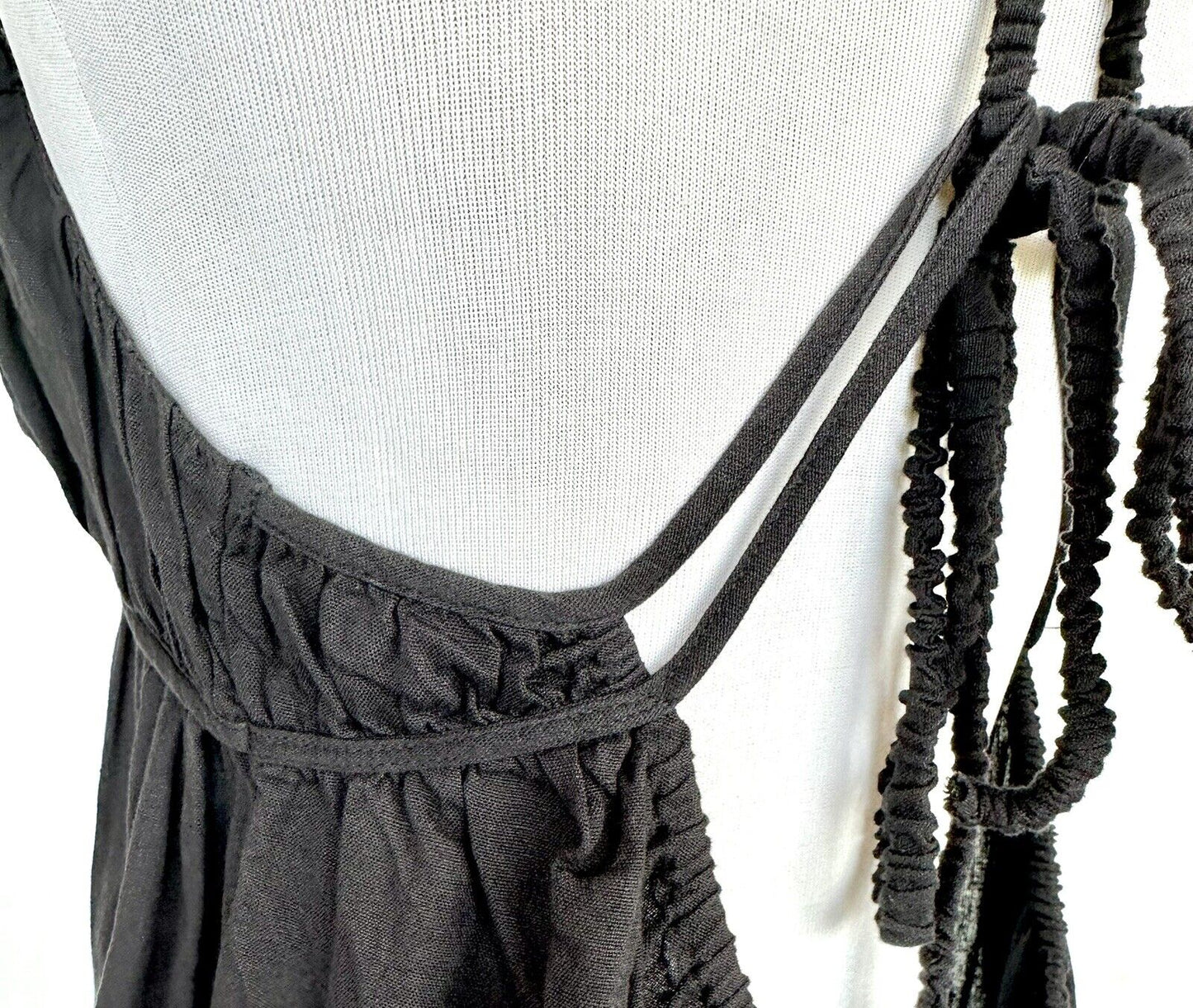 Free People Black Linen Mix Boho Festival Dress  $68 XS Cross Over Back Ruched