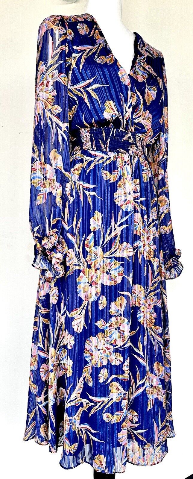 Laundry By Shelli Segal Blue Floral Metallic Stripe Dress