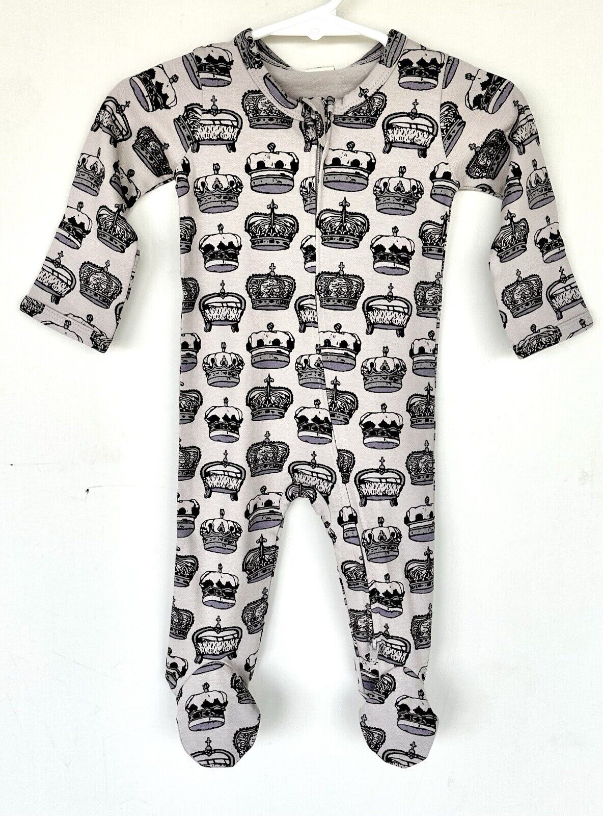 Kate Quinn Royal Crown Print LS Zipper Footie 0-3 M Organic Cotton