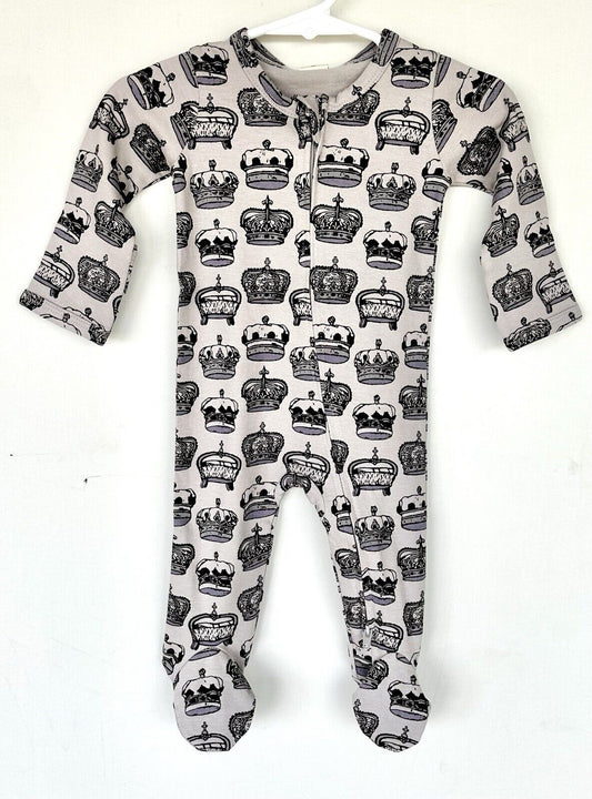 Kate Quinn Royal Crown Print LS Zipper Footie 0-3 M Organic Cotton