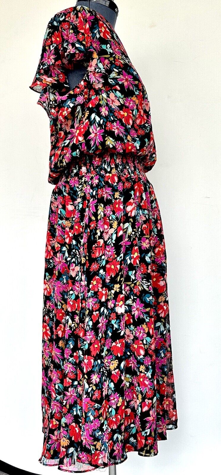 msk dress Black Red Chiffon Midi Dress Smocked Waist Retails $89 2X