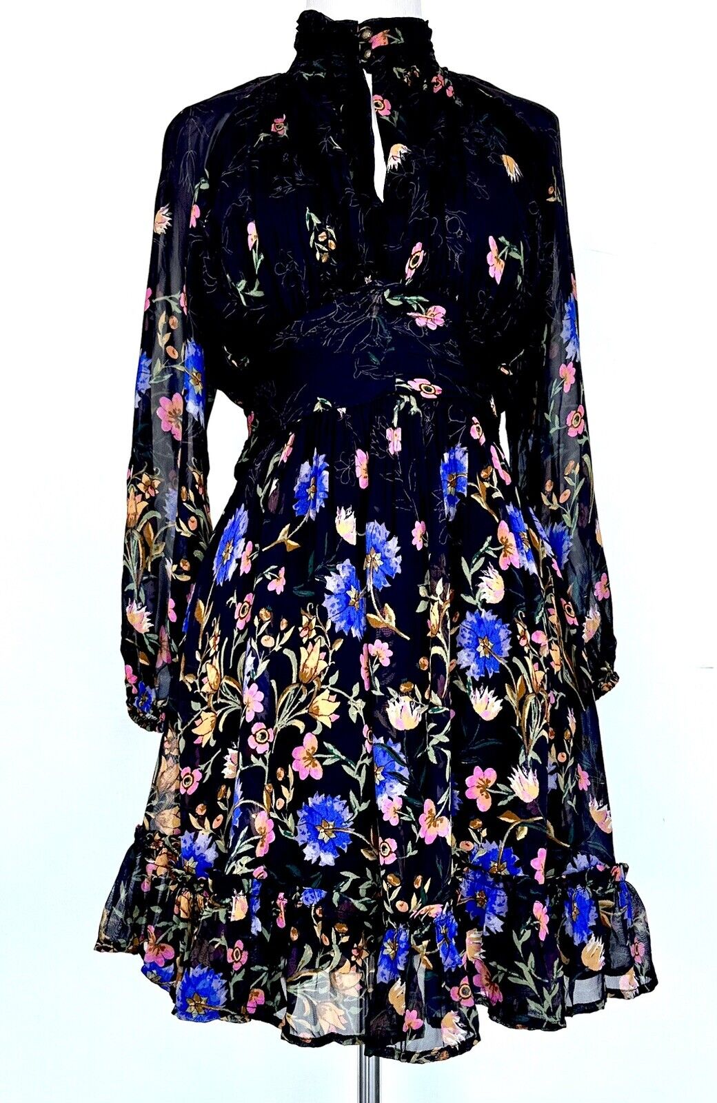 Anthropologie Black Chiffon Floral Dress 0P Retail $170 price $85 NWT