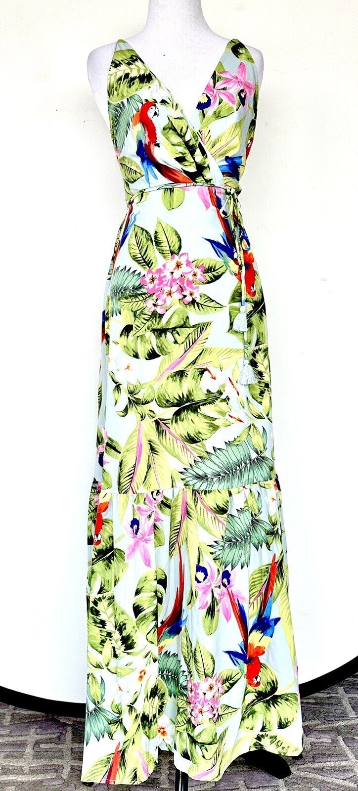 AaKaa Sage Exotic Getaway Tropical Print Maxi Dress Small Price $55