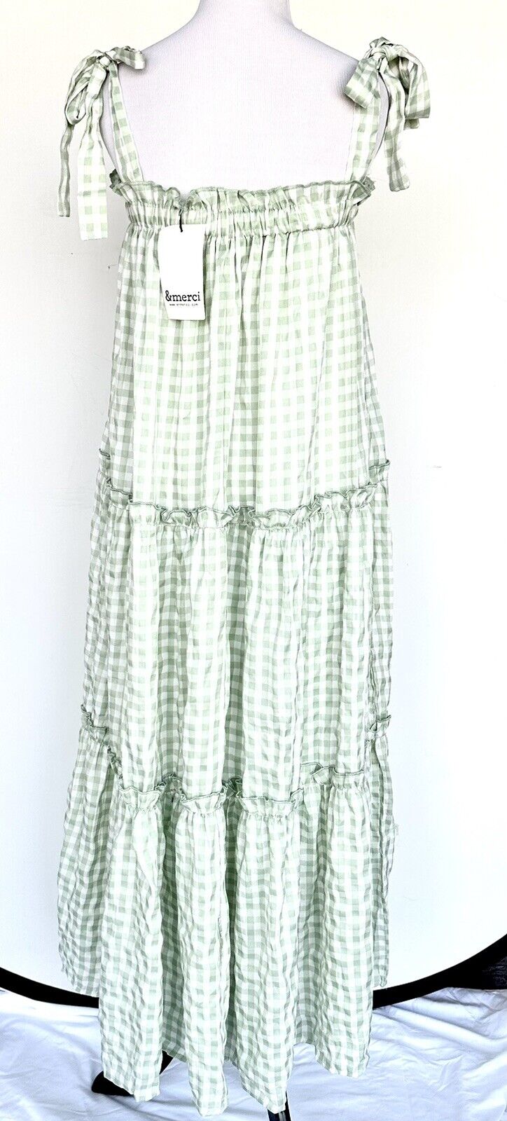 Enmerci Green Gingham Maxi Dress Tie Shoulder Strap Size M Tiered $58 &Merci